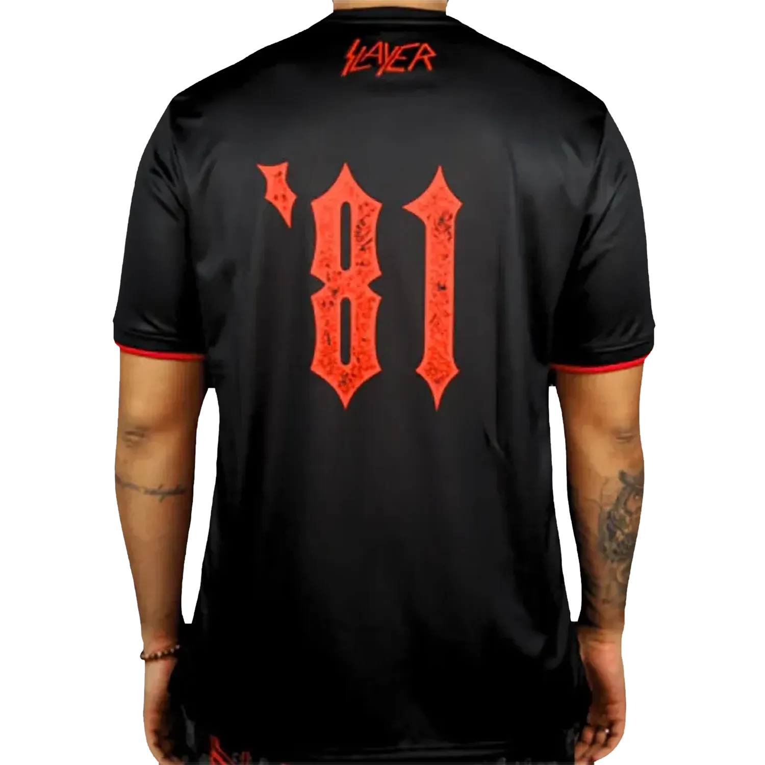 Maillot de football officiel Slayer Since 1981 – vue de dos avec numéro 81 rouge et logo Slayer | Official Slayer Since 1981 football shirt – back view with red number 81 and Slayer logo