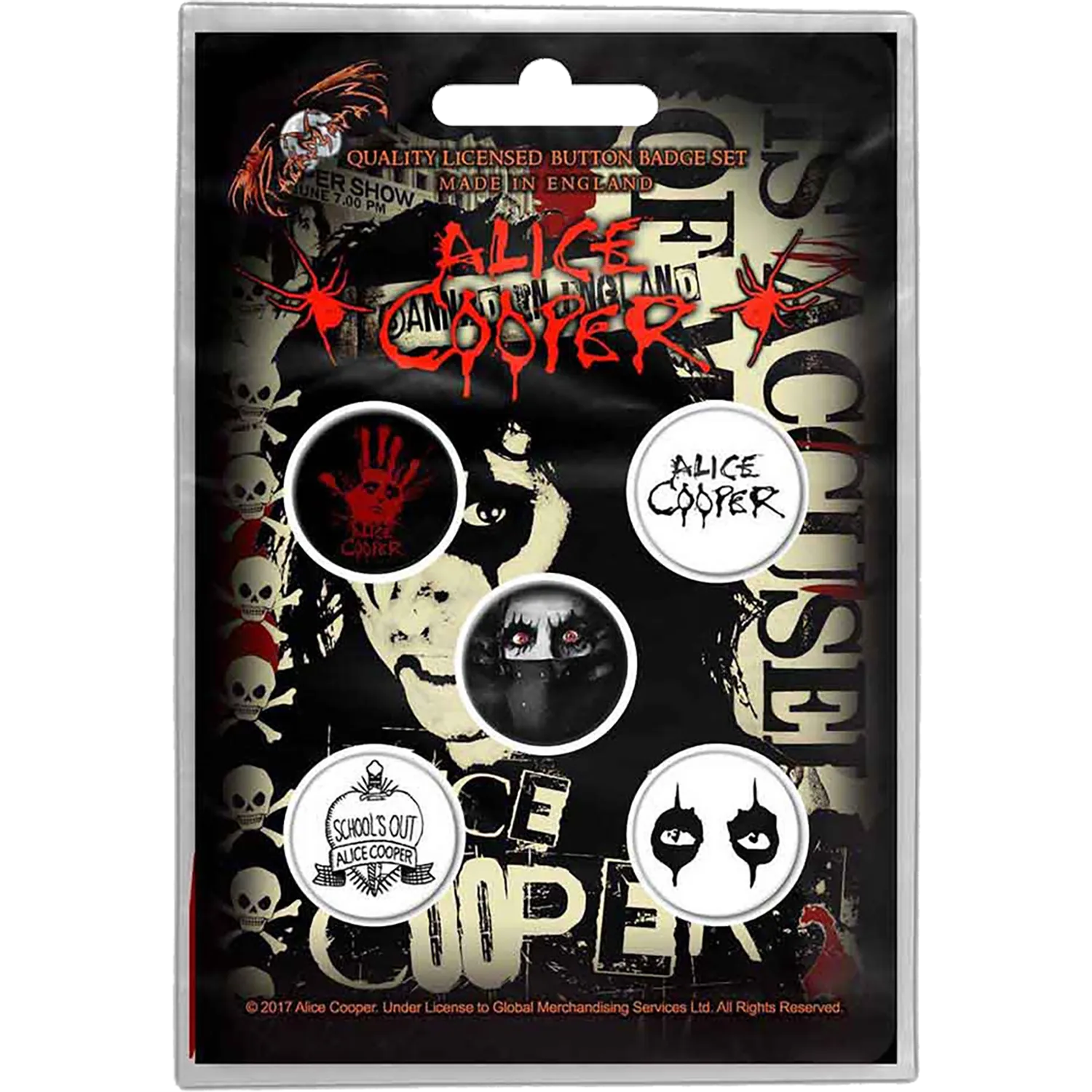 Kit de 5 badges officiels Alice Cooper avec logo, School's Out et regard iconique | Official Alice Cooper 5 badge set with logo, School's Out and iconic eyes