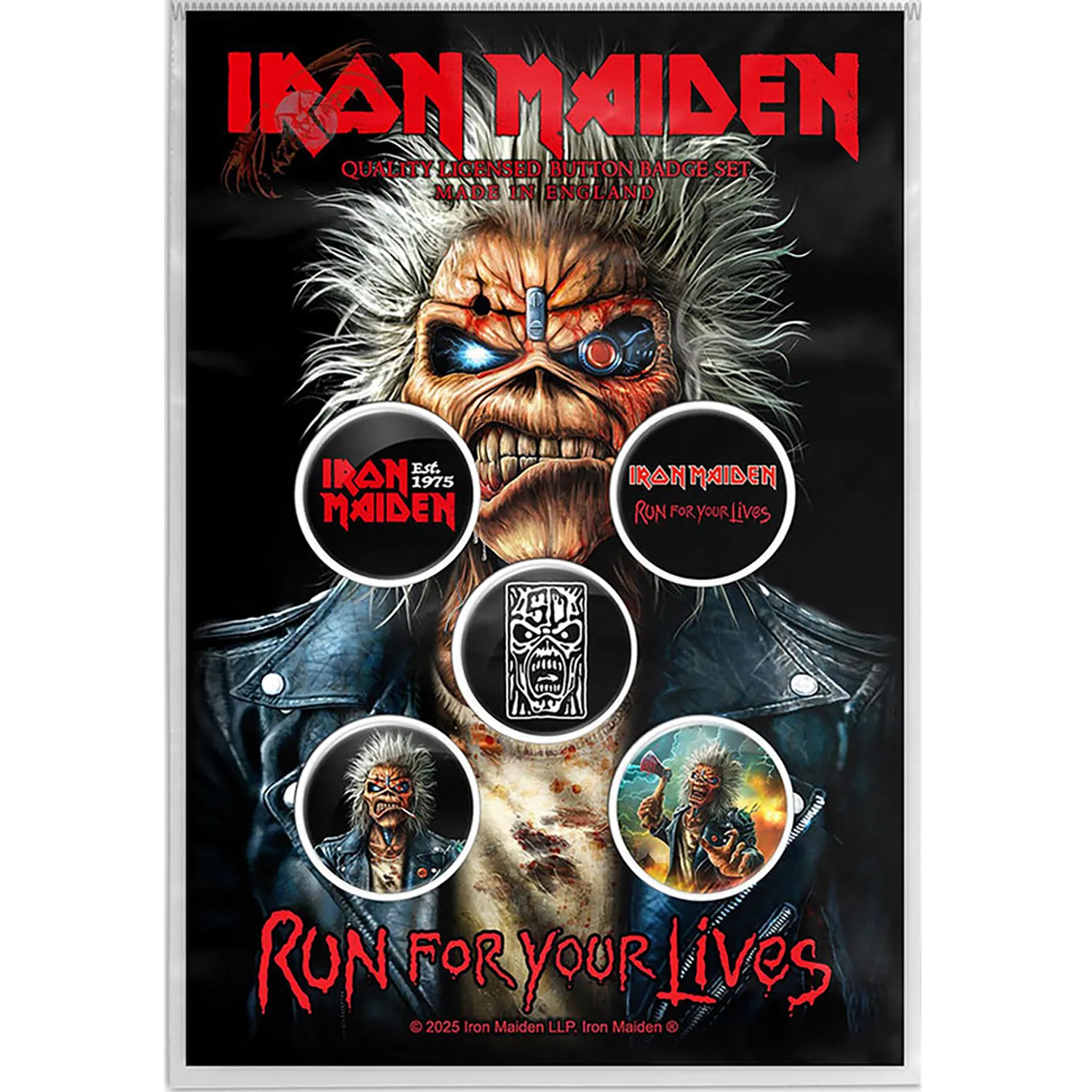 Kit de 5 badges officiels Iron Maiden Run For Your Lives 50 ans | Official Iron Maiden Run For Your Lives 50th anniversary 5 badge set