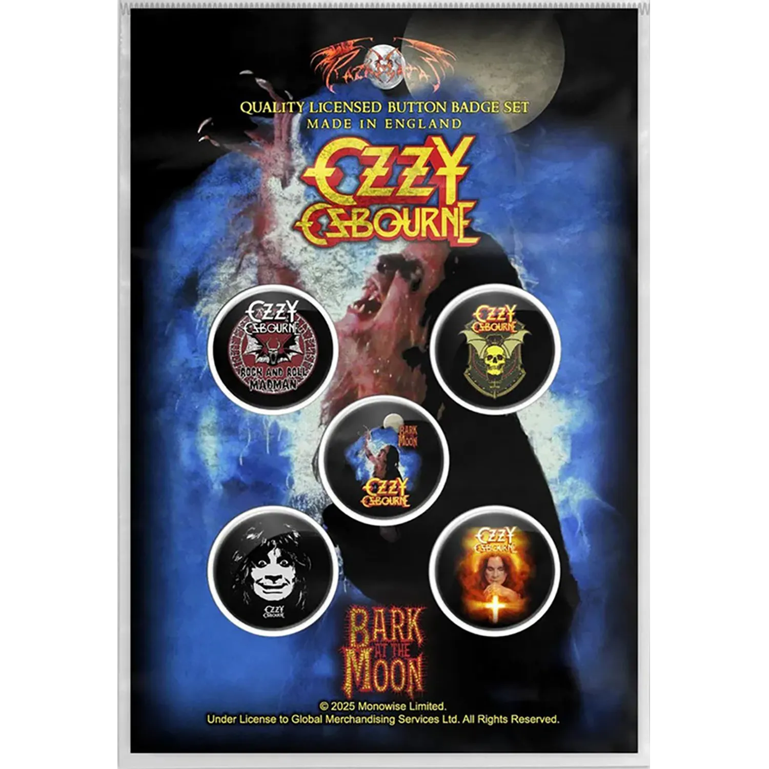 Kit de 5 badges officiels Ozzy Osbourne Bark at the Moon et Ordinary Man | Official Ozzy Osbourne 5 badge set