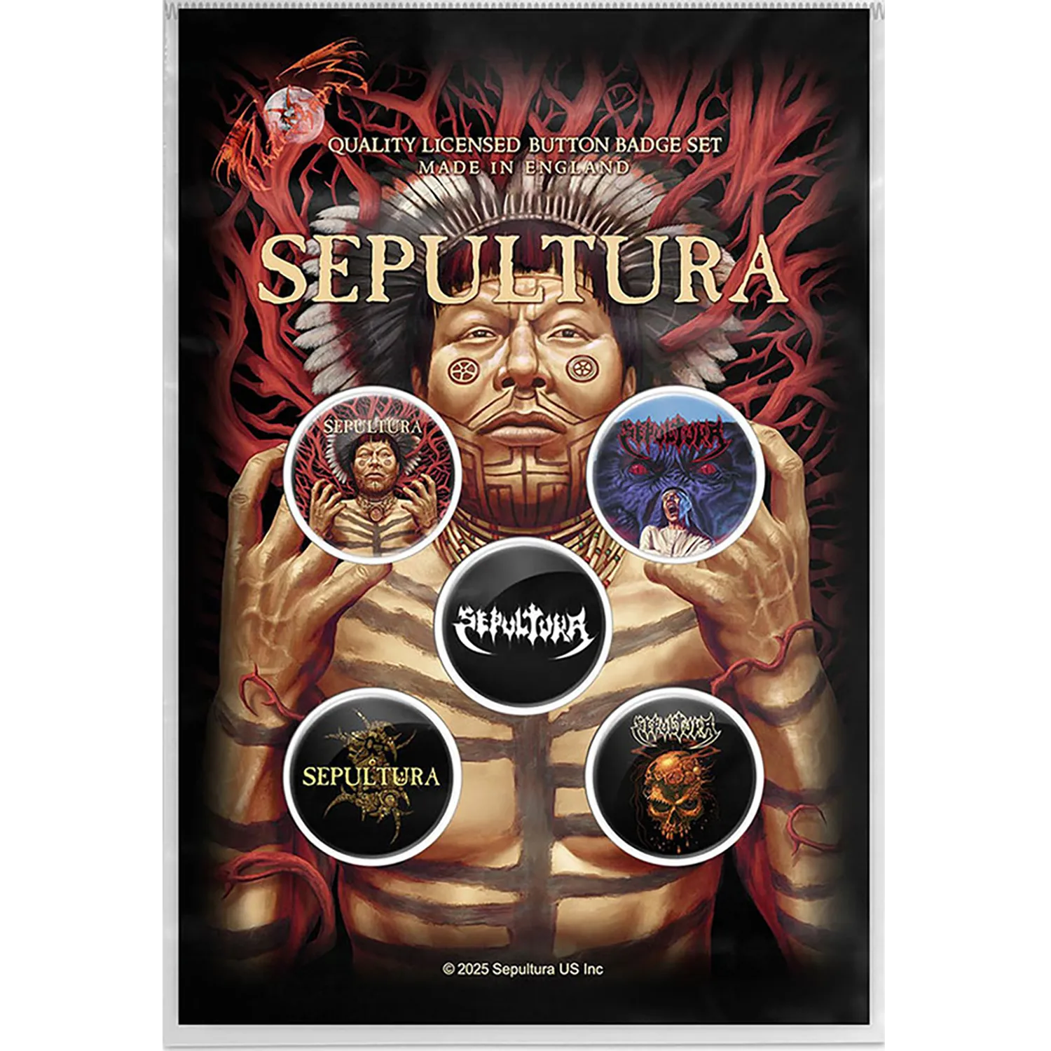 Kit de 5 badges officiels Sepultura Roots | Official Sepultura 5 badge set with Roots artwork