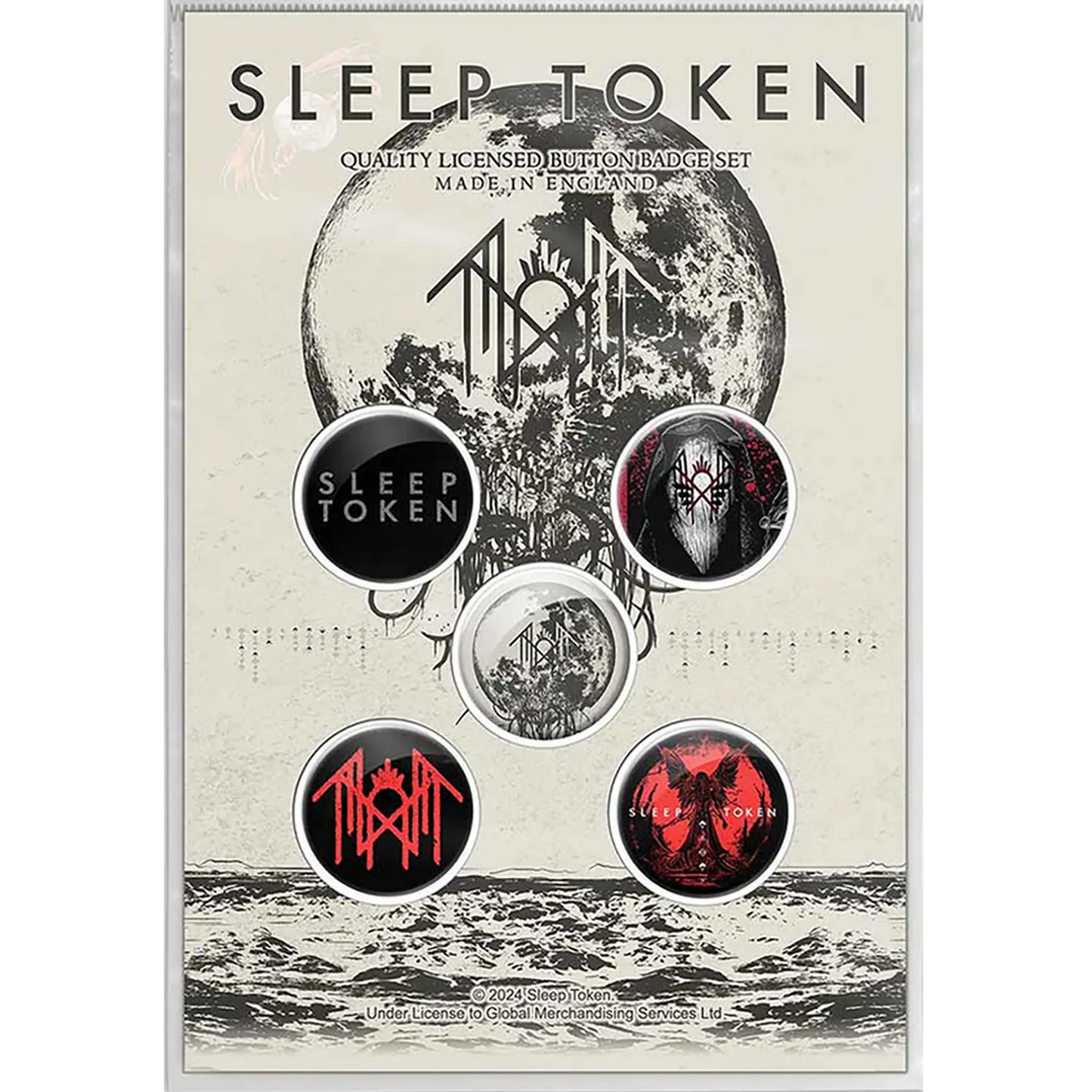 Kit de 5 badges officiels Sleep Token avec logo, Vessel, Take Me Back to Eden et sigils | Sleep Token official 5 badge set featuring logo, Vessel, Take Me Back to Eden and sigils