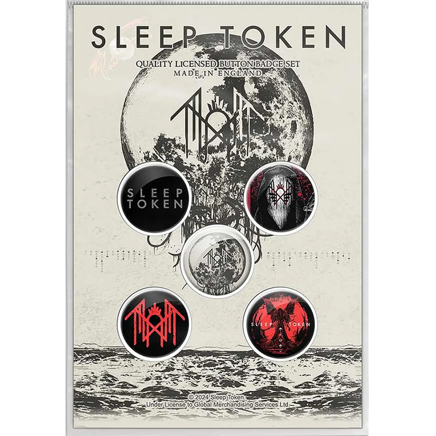 Kit de 5 badges officiels Sleep Token avec logo, Vessel, Take Me Back to Eden et sigils | Sleep Token official 5 badge set featuring logo, Vessel, Take Me Back to Eden and sigils