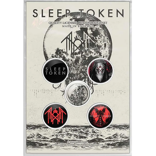 Kit de 5 badges officiels Sleep Token avec logo, Vessel, Take Me Back to Eden et sigils | Sleep Token official 5 badge set featuring logo, Vessel, Take Me Back to Eden and sigils