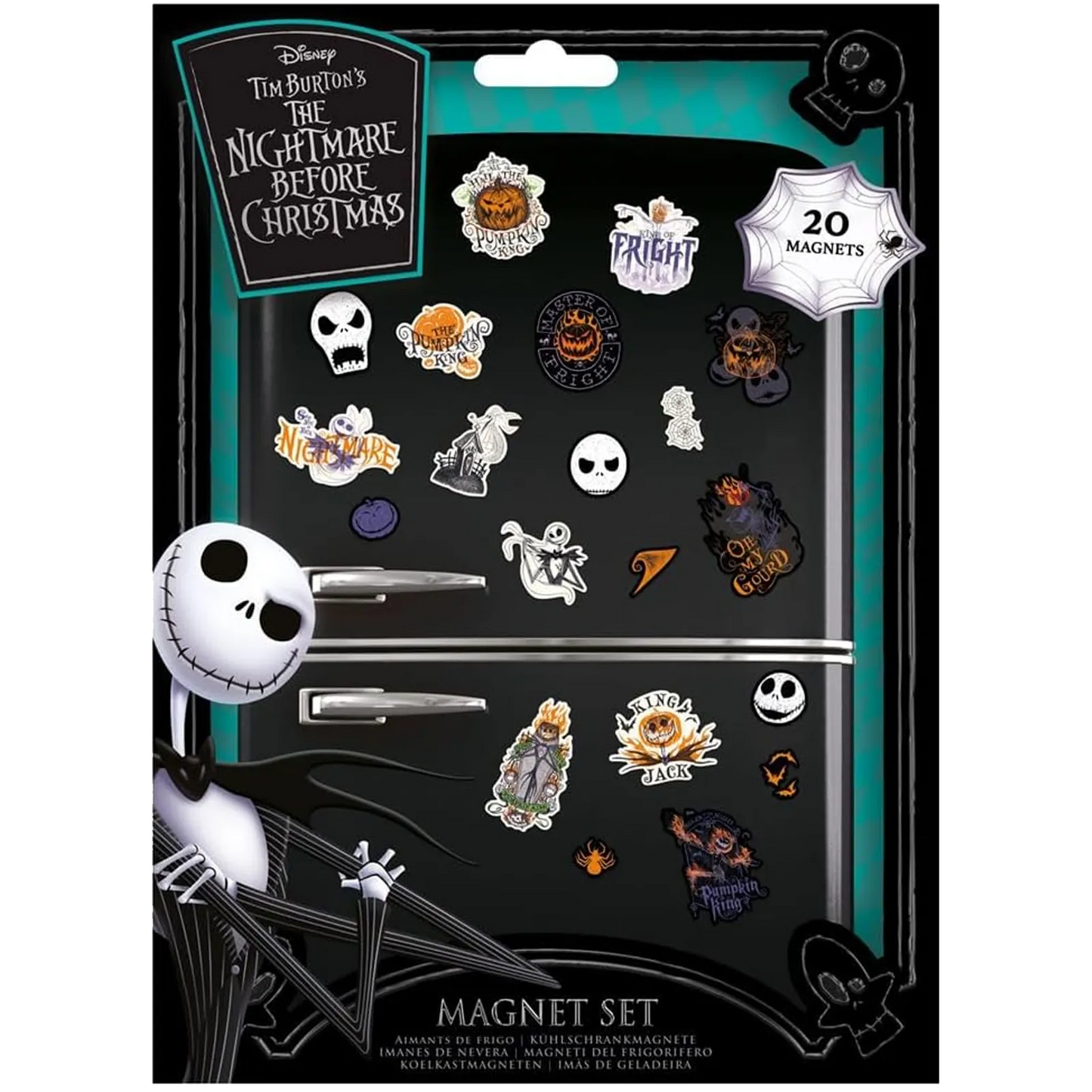 Set de 20 magnets officiels L'Étrange Noël de Monsieur Jack avec Jack Skellington, citrouilles et personnages du film de Tim Burton