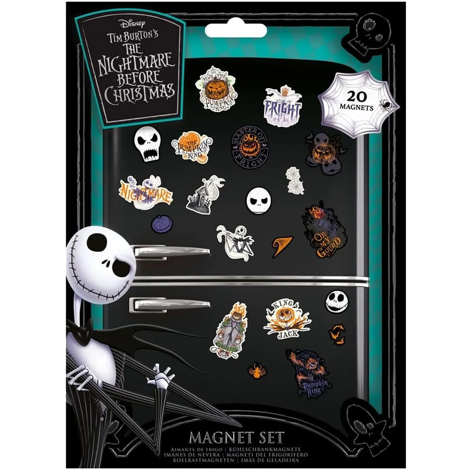 Set de 20 magnets officiels L'Étrange Noël de Monsieur Jack avec Jack Skellington, citrouilles et personnages du film de Tim Burton