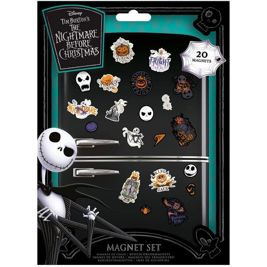 Set de 20 magnets officiels L'Étrange Noël de Monsieur Jack avec Jack Skellington, citrouilles et personnages du film de Tim Burton