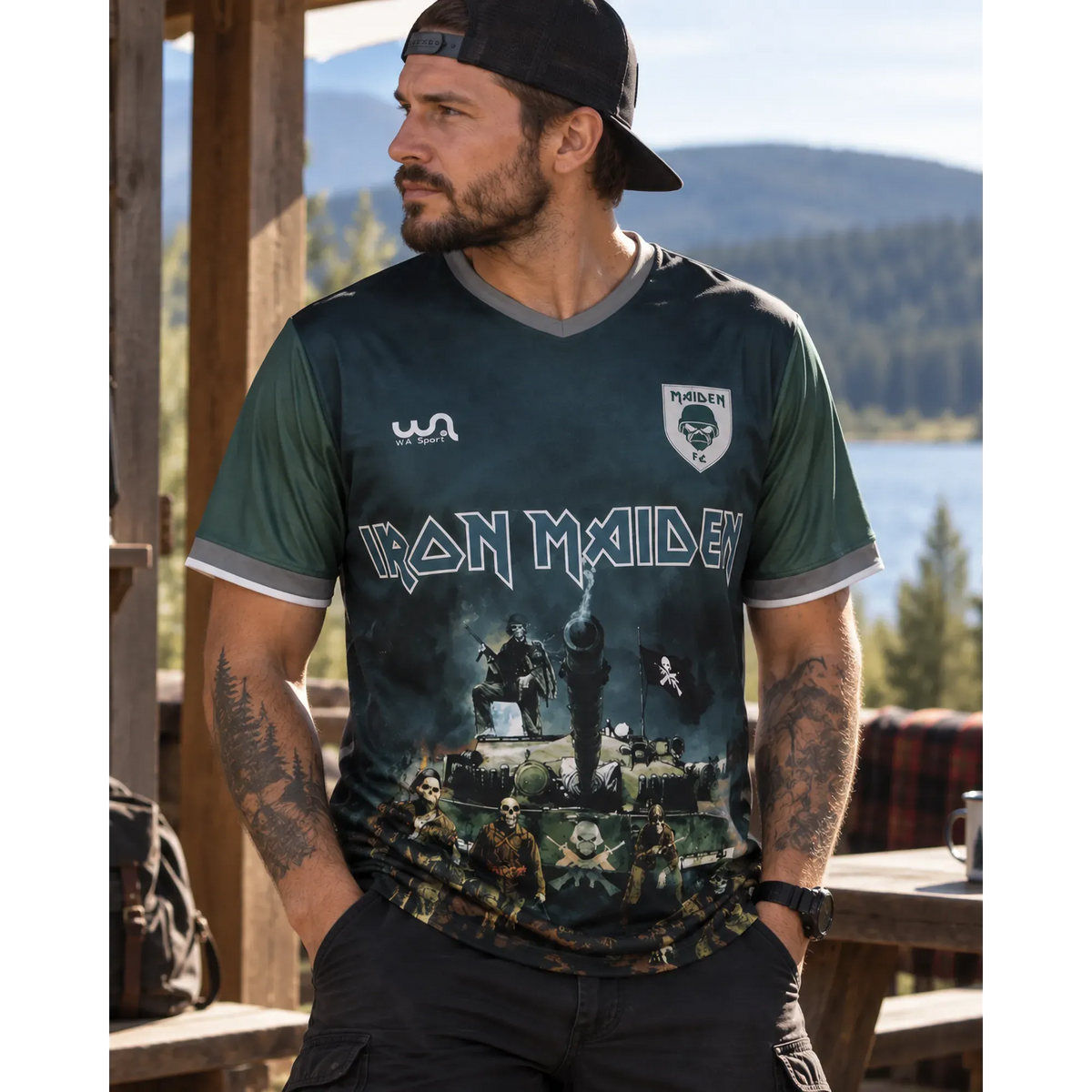 Maillot de football Iron Maiden A Matter of Life and Death porté en extérieur | Iron Maiden A Matter of Life and Death football shirt worn outdoors