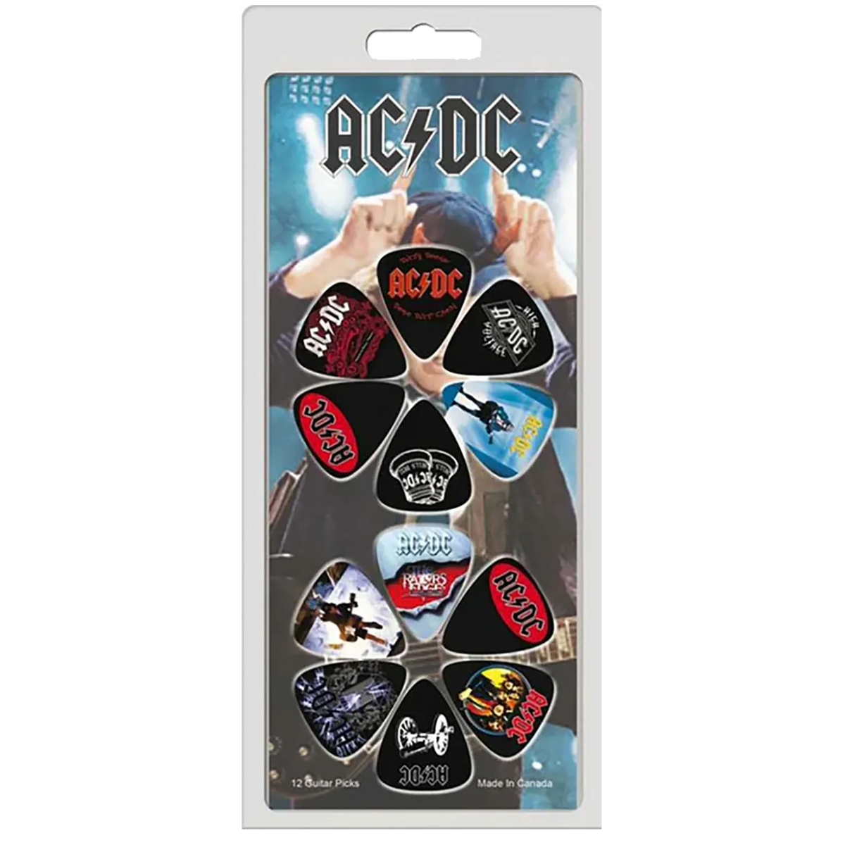 Set officiel de 12 médiators AC/DC présenté sur carte blister Perri's | Official AC/DC 12-guitar pick set presented on a blister card PErri's