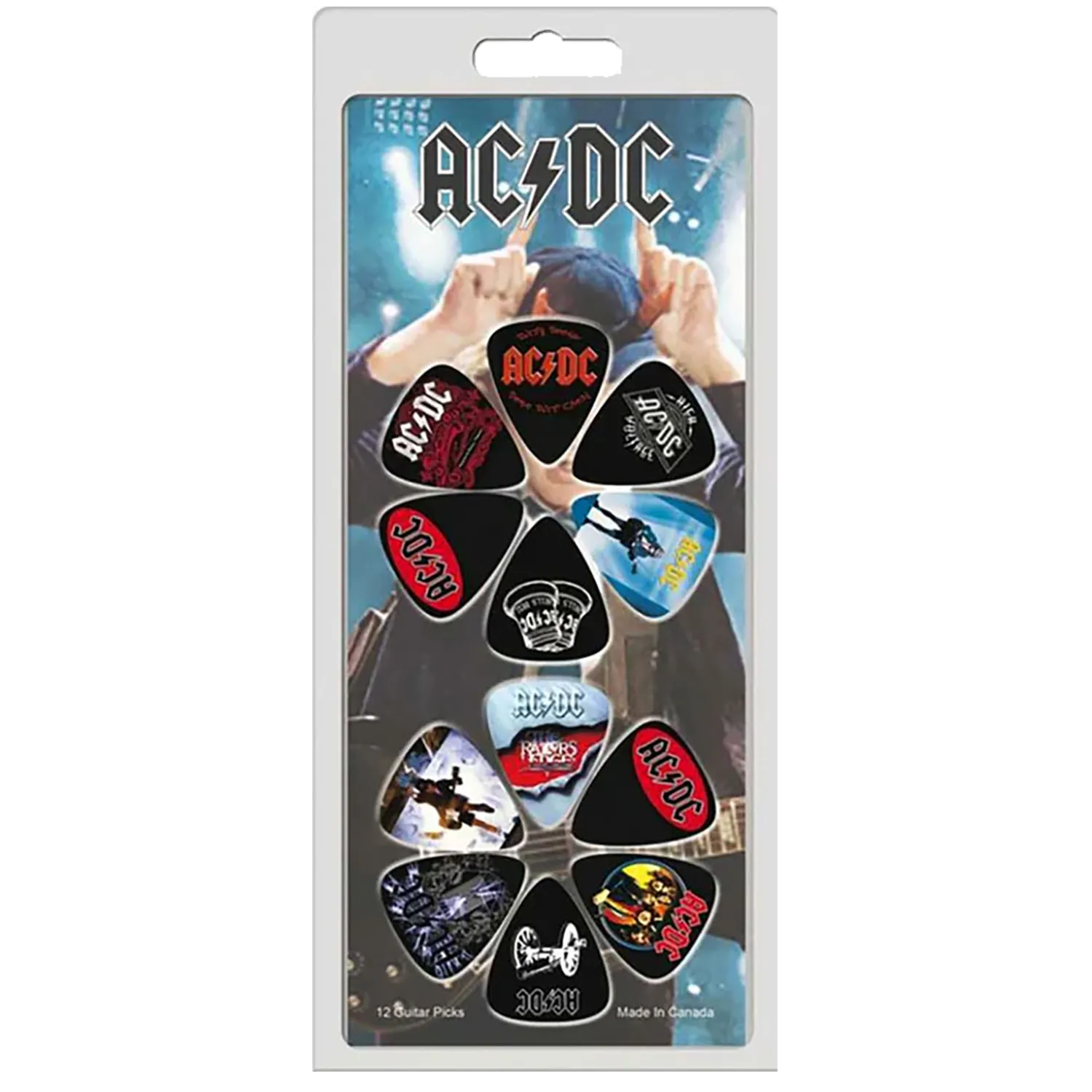 Set officiel de 12 médiators AC/DC présenté sur carte blister Perri's | Official AC/DC 12-guitar pick set presented on a blister card PErri's