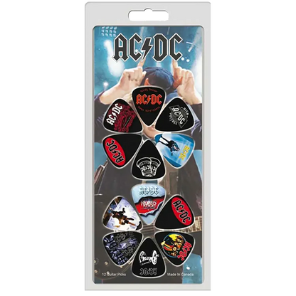 Set officiel de 12 médiators AC/DC présenté sur carte blister Perri's | Official AC/DC 12-guitar pick set presented on a blister card PErri's