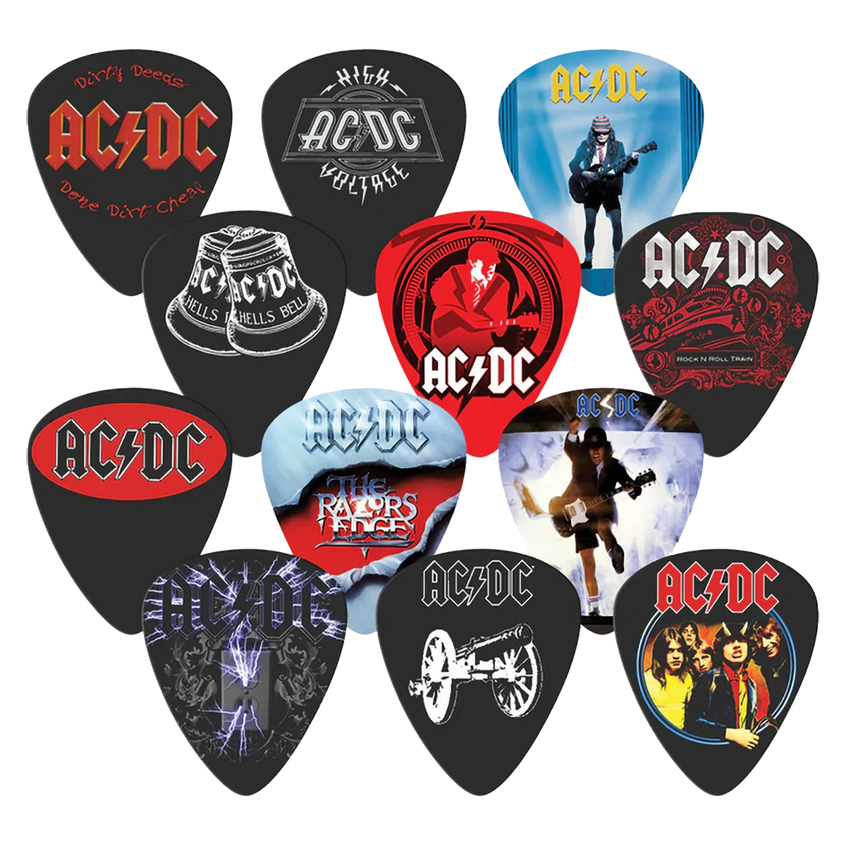 Ensemble de 12 médiators AC/DC assortis, décorés de visuels divers | Set of 12 assorted AC/DC guitar picks, decorated with various designs
