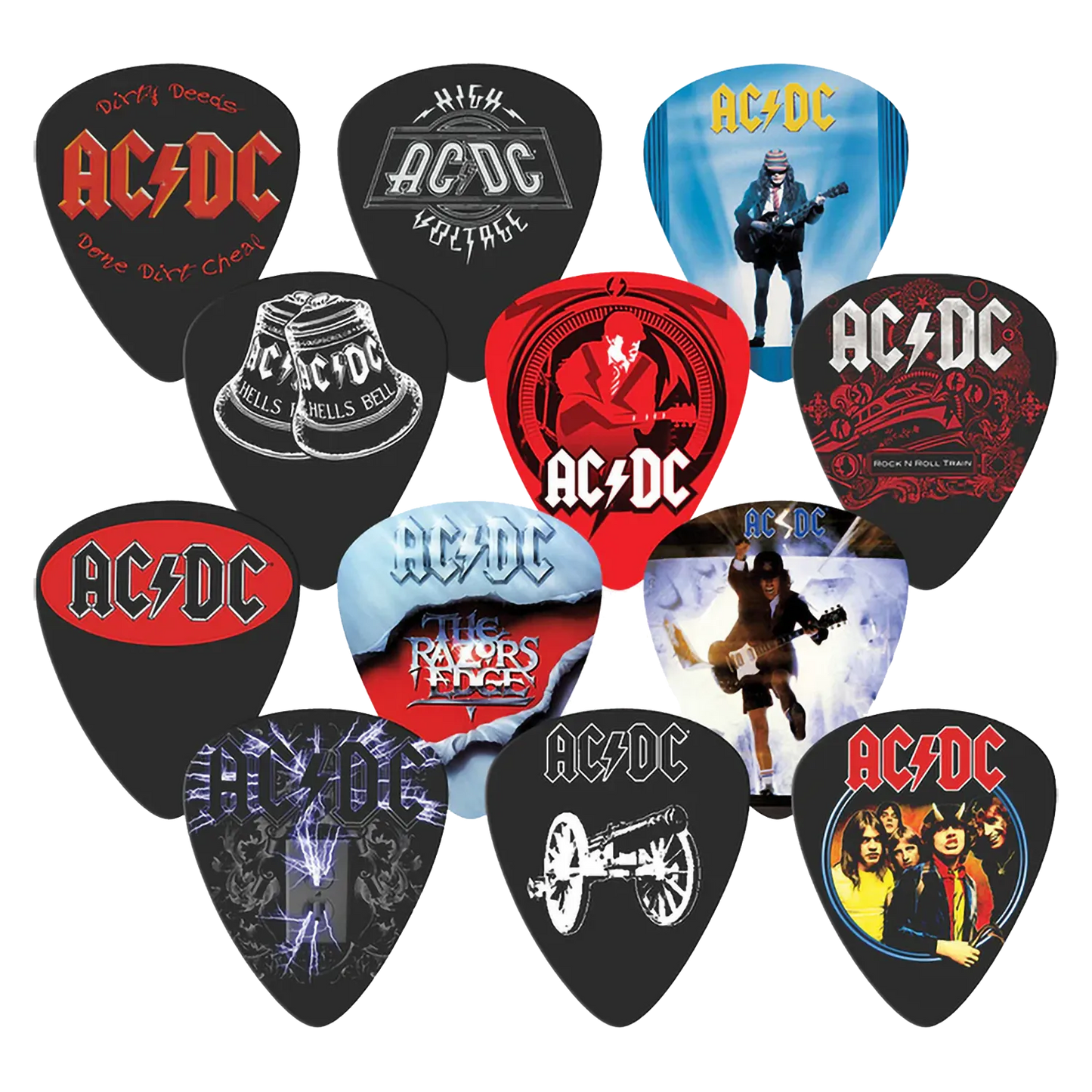 Ensemble de 12 médiators AC/DC assortis, décorés de visuels divers | Set of 12 assorted AC/DC guitar picks, decorated with various designs