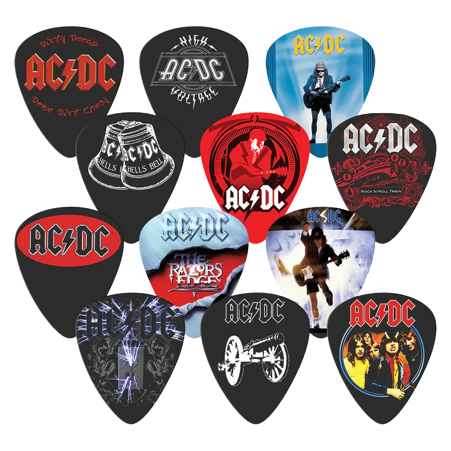 Ensemble de 12 médiators AC/DC assortis, décorés de visuels divers | Set of 12 assorted AC/DC guitar picks, decorated with various designs