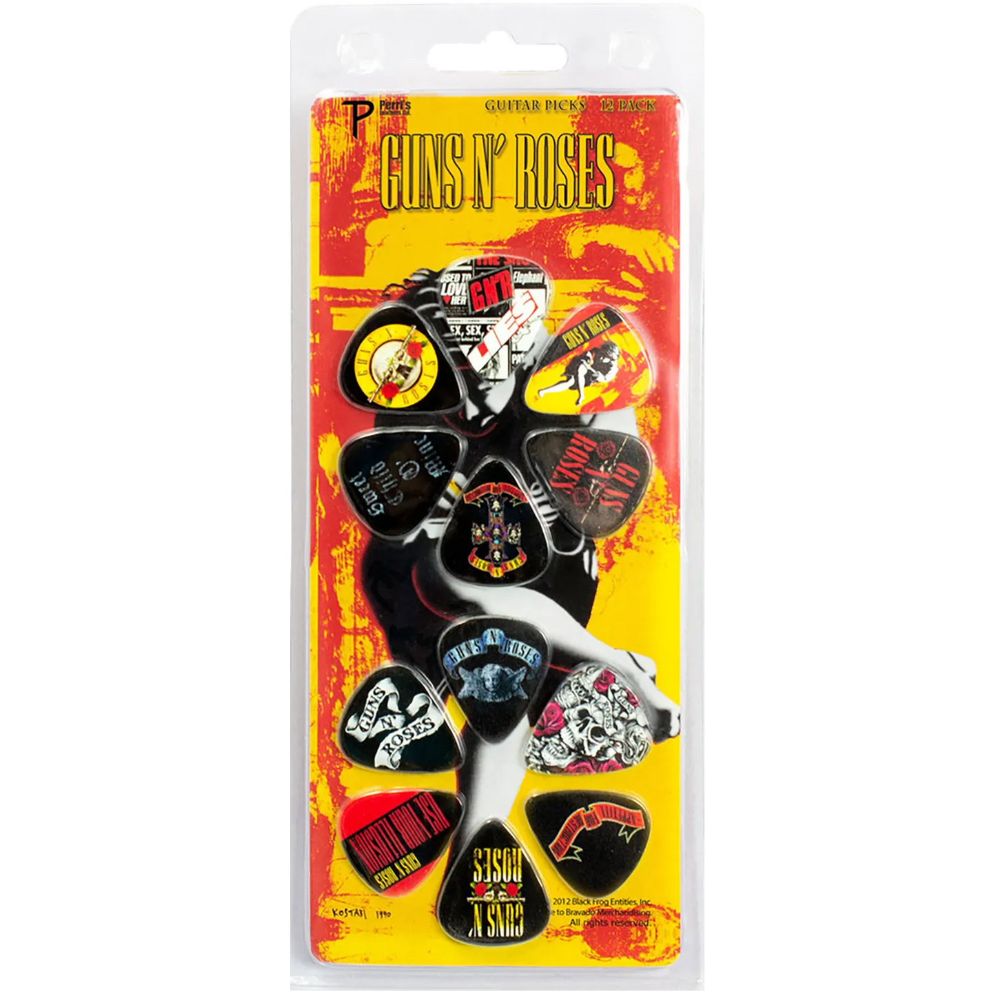 Set officiel de 12 médiators Guns n' Roses présenté sur carte blister Perri's | Official Guns n' Roses 12-guitar pick set presented on a blister card PErri's