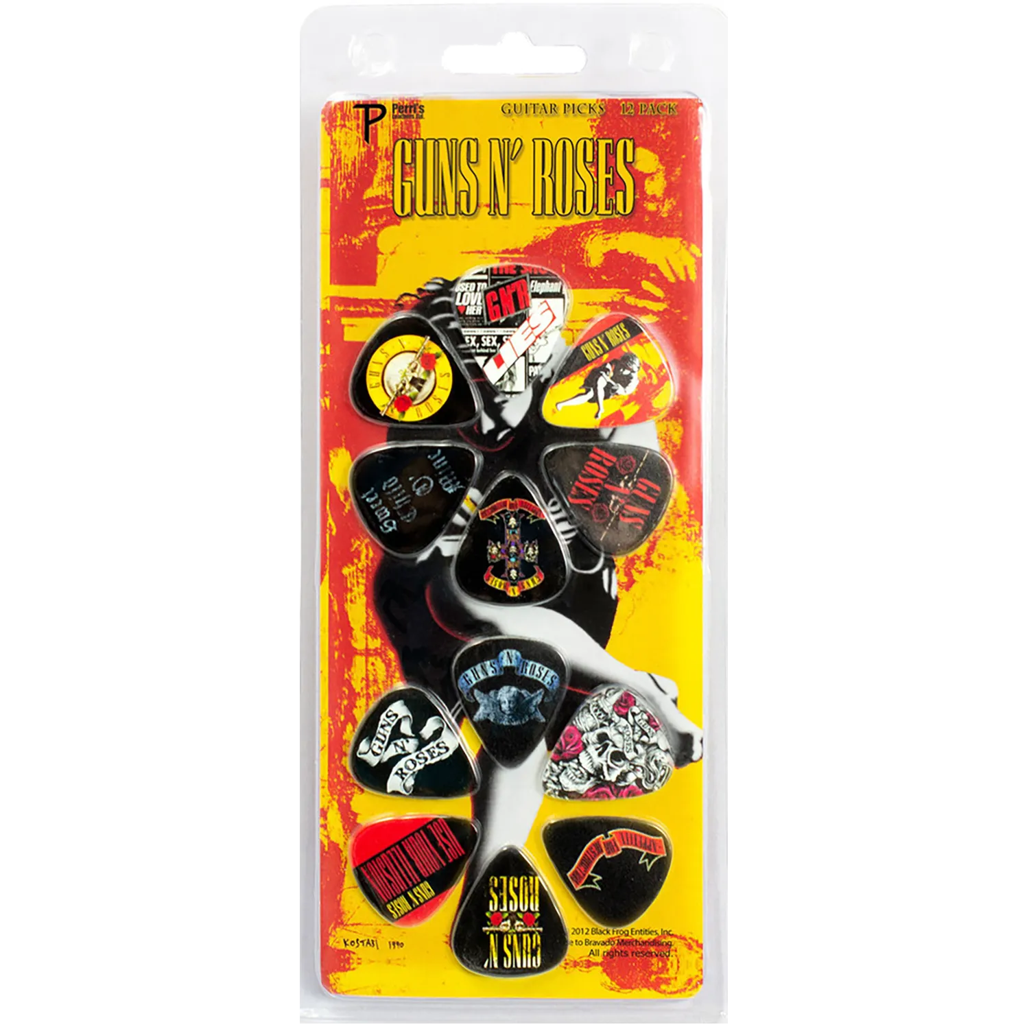 Set officiel de 12 médiators Guns n' Roses présenté sur carte blister Perri's | Official Guns n' Roses 12-guitar pick set presented on a blister card PErri's