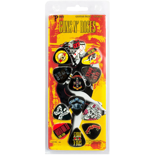 Set officiel de 12 médiators Guns n' Roses présenté sur carte blister Perri's | Official Guns n' Roses 12-guitar pick set presented on a blister card PErri's