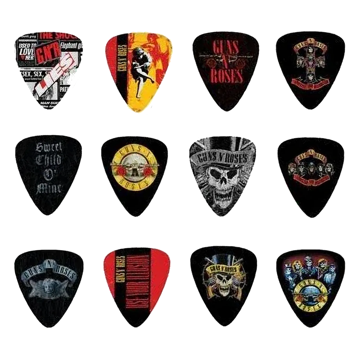 Ensemble de 12 médiators Guns n' Roses assortis, décorés de visuels divers | Set of 12 assorted Guns n' Roses guitar picks, decorated with various designs