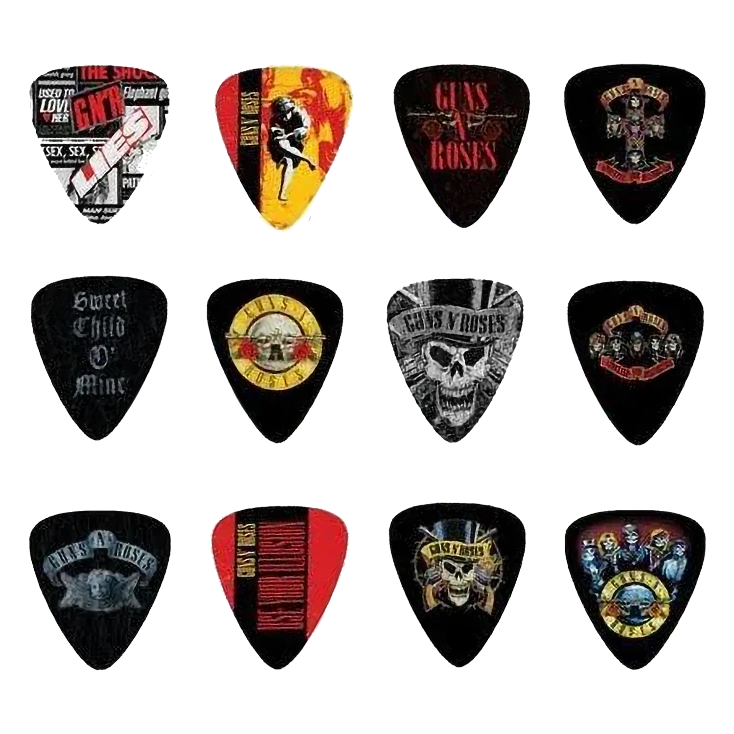 Ensemble de 12 médiators Guns n' Roses assortis, décorés de visuels divers | Set of 12 assorted Guns n' Roses guitar picks, decorated with various designs