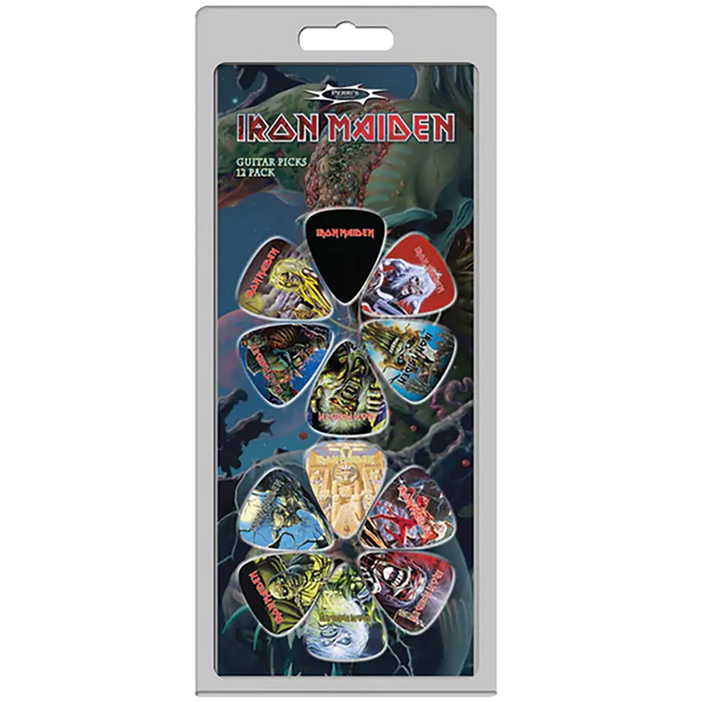 Set officiel de 12 médiators Iron Maiden présenté sur carte blister Perri's | Official Iron Maiden 12-guitar pick set presented on a blister card PErri's