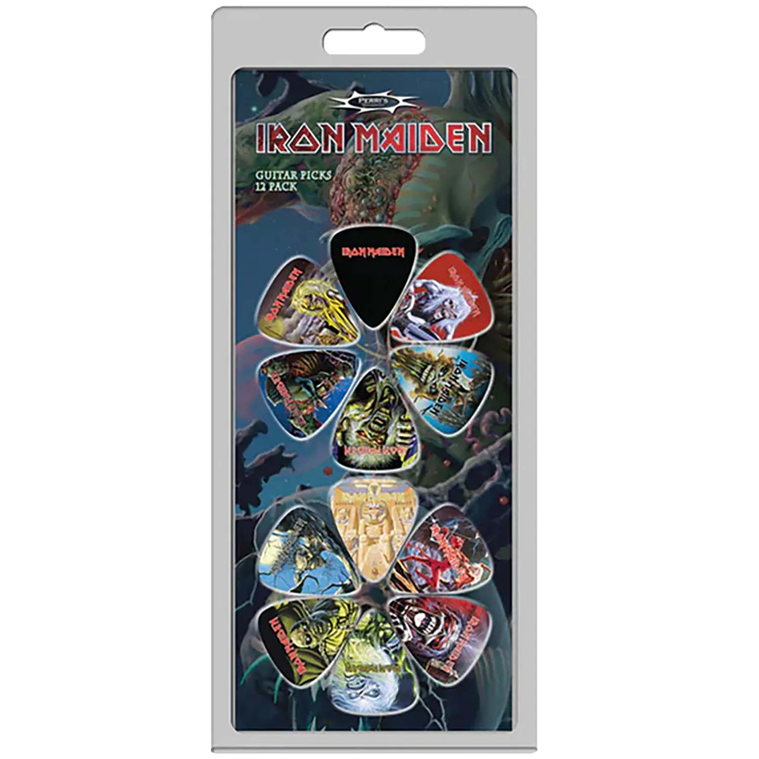 Set officiel de 12 médiators Iron Maiden présenté sur carte blister Perri's | Official Iron Maiden 12-guitar pick set presented on a blister card PErri's