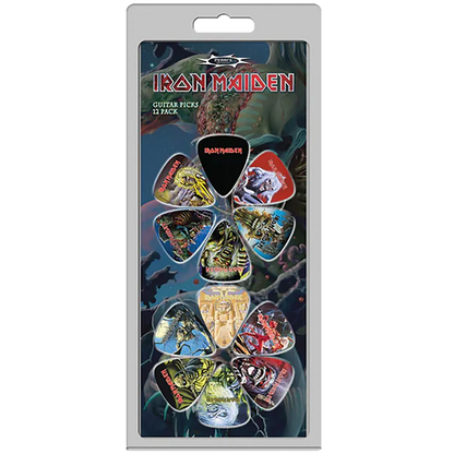 Set officiel de 12 médiators Iron Maiden présenté sur carte blister Perri's | Official Iron Maiden 12-guitar pick set presented on a blister card PErri's