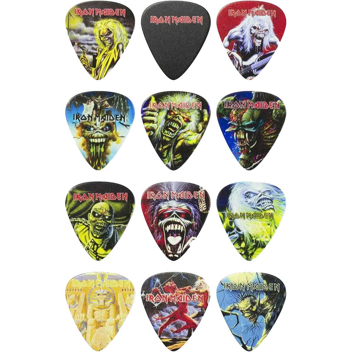 Ensemble de 12 médiators Iron Maiden assortis, décorés de visuels divers | Set of 12 assorted Iron Maiden guitar picks, decorated with various designs