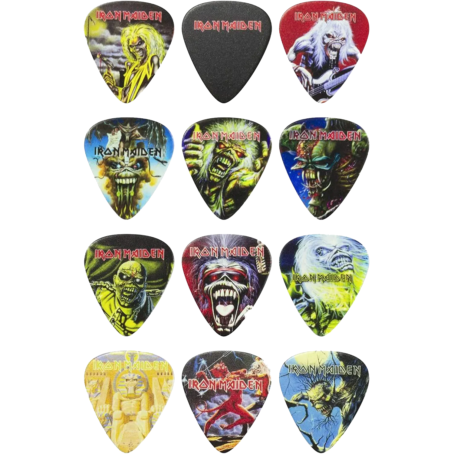 Ensemble de 12 médiators Iron Maiden assortis, décorés de visuels divers | Set of 12 assorted Iron Maiden guitar picks, decorated with various designs
