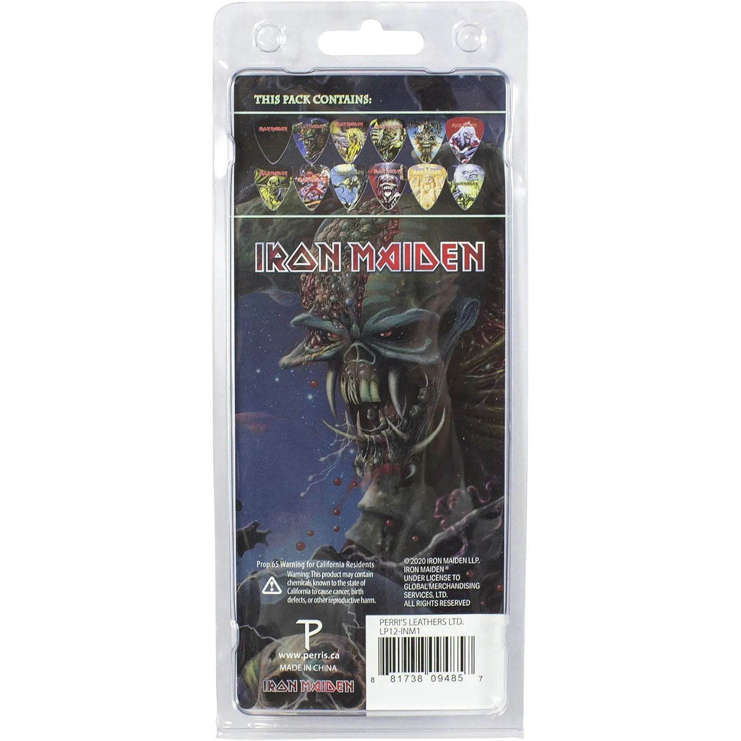 Dos du set officiel de 12 médiators Iron Maiden présenté sur carte blister Perri's | Back of Official Iron Maiden 12-guitar pick set presented on a blister card Perri's