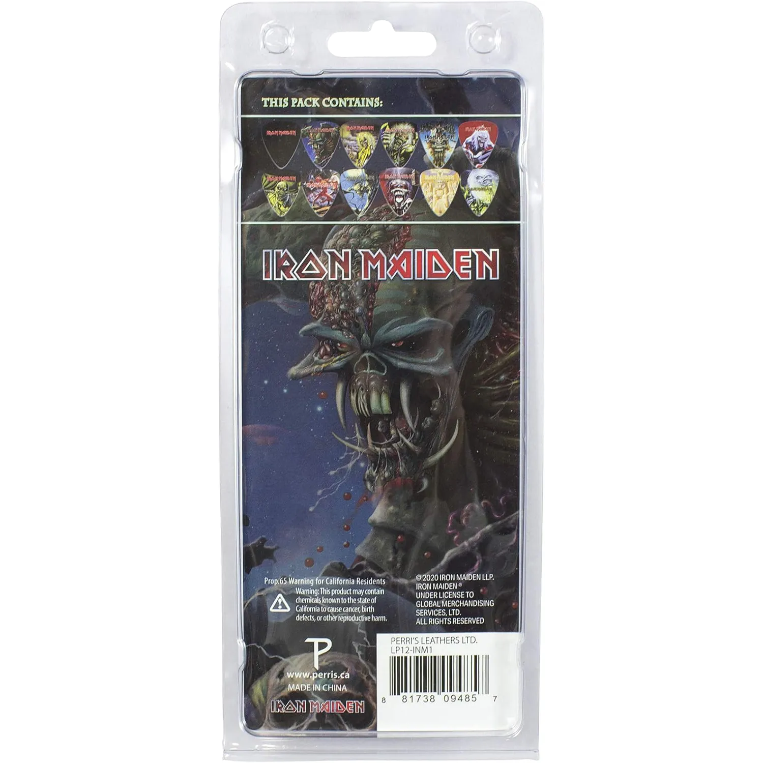 Dos du set officiel de 12 médiators Iron Maiden présenté sur carte blister Perri's | Back of Official Iron Maiden 12-guitar pick set presented on a blister card Perri's