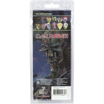 Dos du set officiel de 12 médiators Iron Maiden présenté sur carte blister Perri's | Back of Official Iron Maiden 12-guitar pick set presented on a blister card Perri's