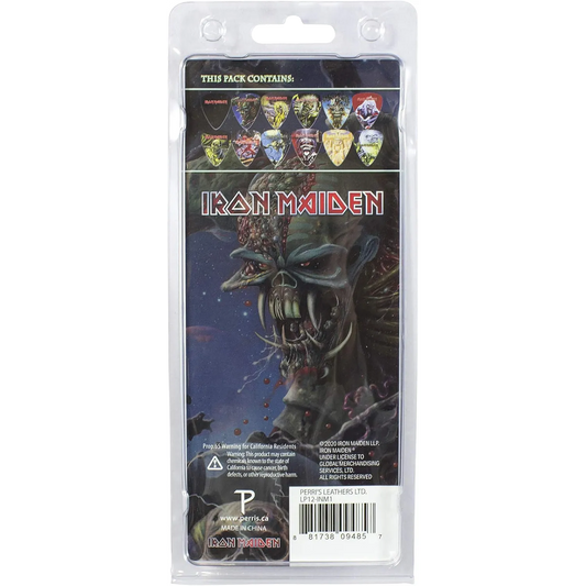 Dos du set officiel de 12 médiators Iron Maiden présenté sur carte blister Perri's | Back of Official Iron Maiden 12-guitar pick set presented on a blister card Perri's