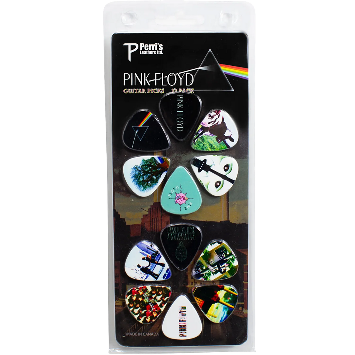Set officiel de 12 médiators Pink Floyd présenté sur carte blister Perri's | Official Pink Floyd 12-guitar pick set presented on a blister card PErri's