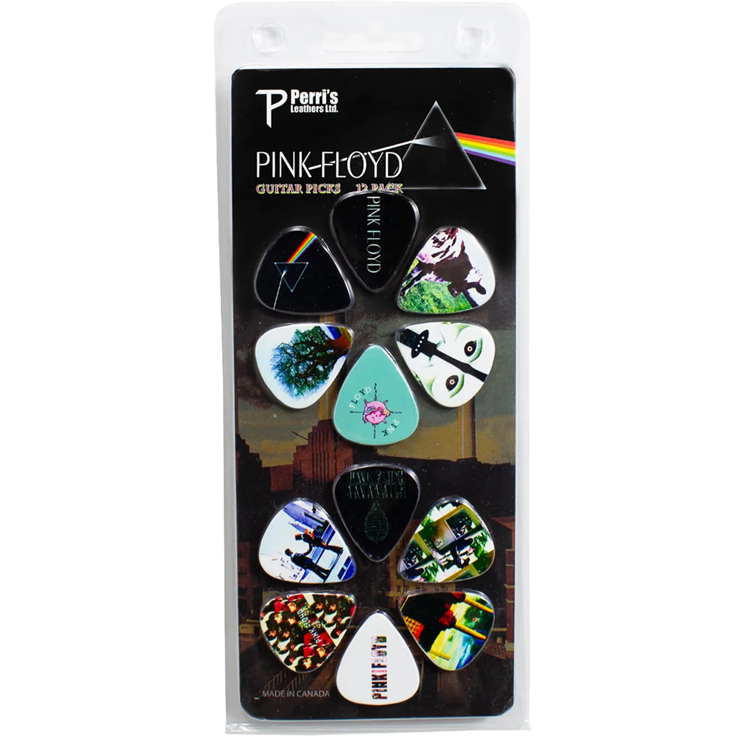 Set officiel de 12 médiators Pink Floyd présenté sur carte blister Perri's | Official Pink Floyd 12-guitar pick set presented on a blister card PErri's