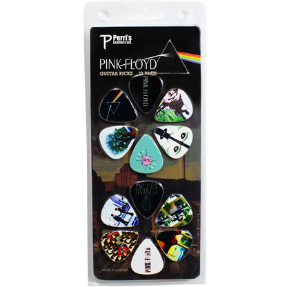 Set officiel de 12 médiators Pink Floyd présenté sur carte blister Perri's | Official Pink Floyd 12-guitar pick set presented on a blister card PErri's