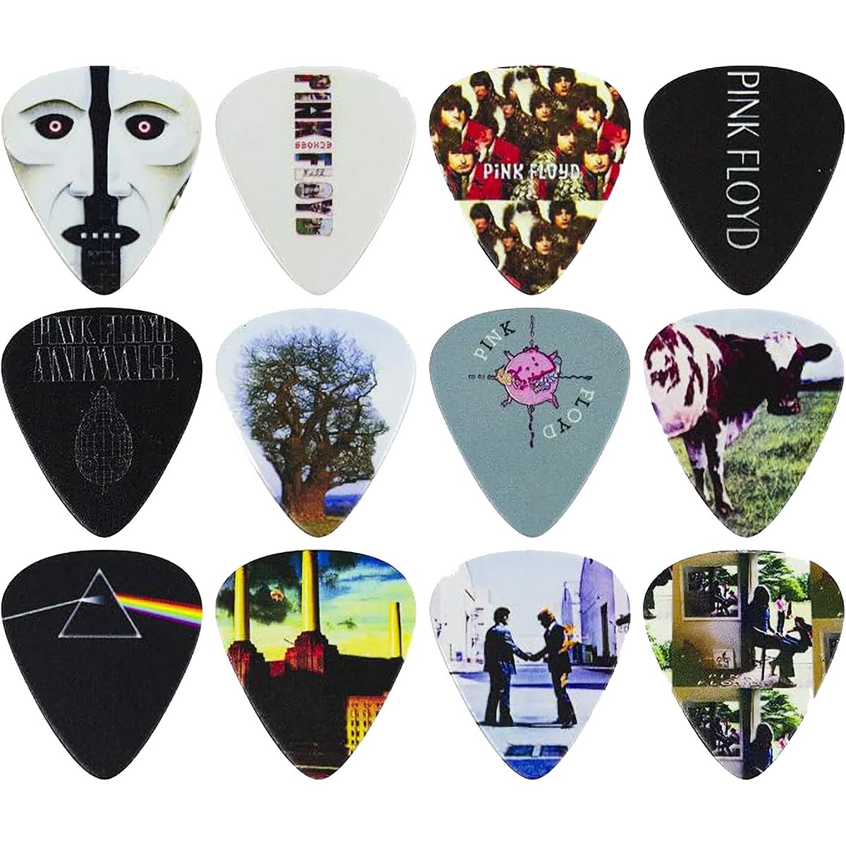 Ensemble de 12 médiators Pink Floyd assortis, décorés de visuels divers | Set of 12 assorted Pink Floyd guitar picks, decorated with various designs