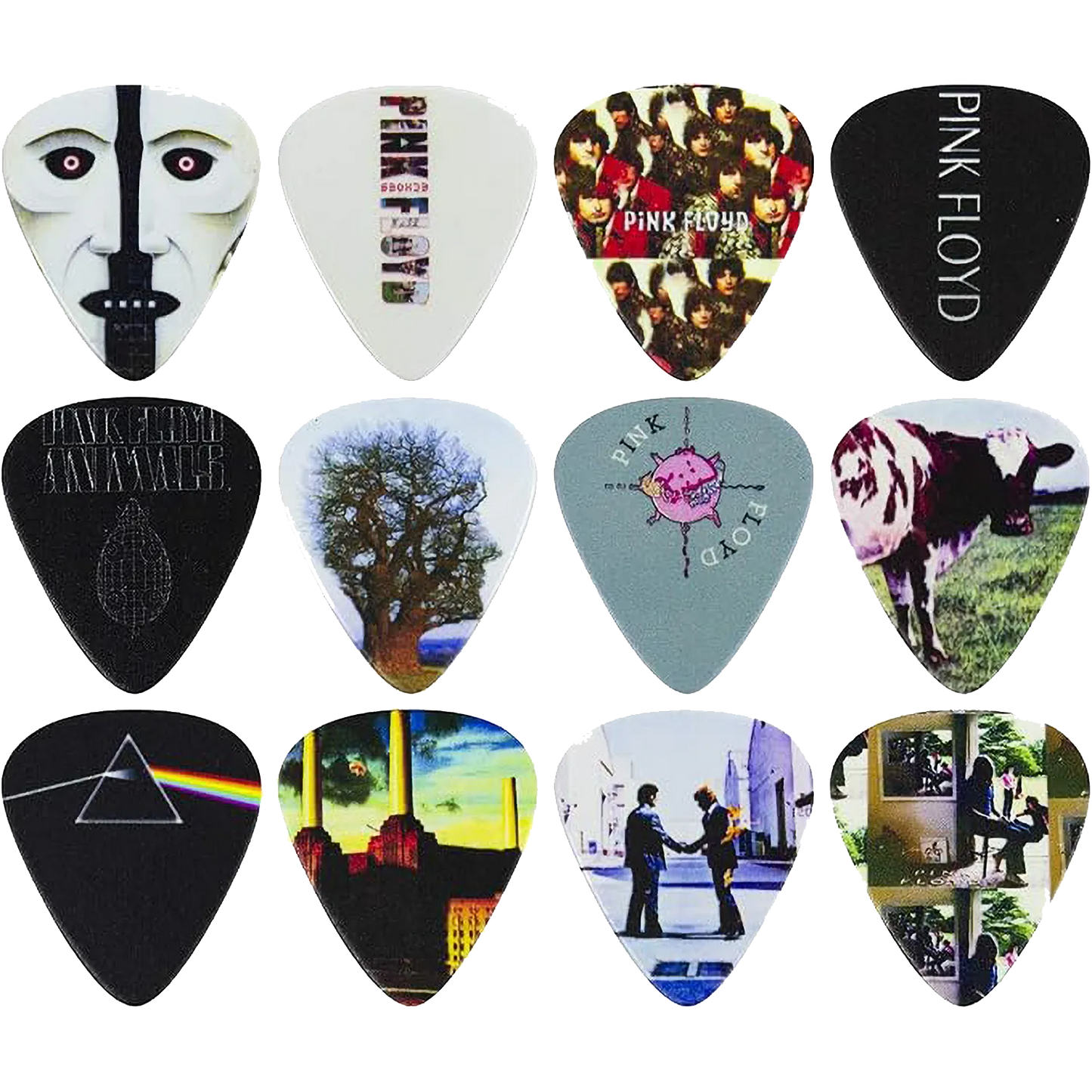 Ensemble de 12 médiators Pink Floyd assortis, décorés de visuels divers | Set of 12 assorted Pink Floyd guitar picks, decorated with various designs