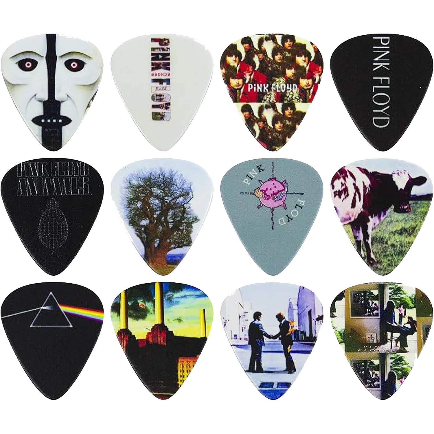 Ensemble de 12 médiators Pink Floyd assortis, décorés de visuels divers | Set of 12 assorted Pink Floyd guitar picks, decorated with various designs