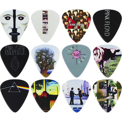 Ensemble de 12 médiators Pink Floyd assortis, décorés de visuels divers | Set of 12 assorted Pink Floyd guitar picks, decorated with various designs
