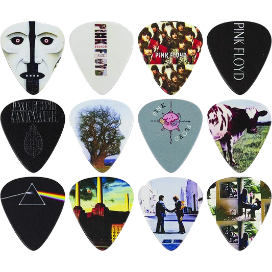 Ensemble de 12 médiators Pink Floyd assortis, décorés de visuels divers | Set of 12 assorted Pink Floyd guitar picks, decorated with various designs