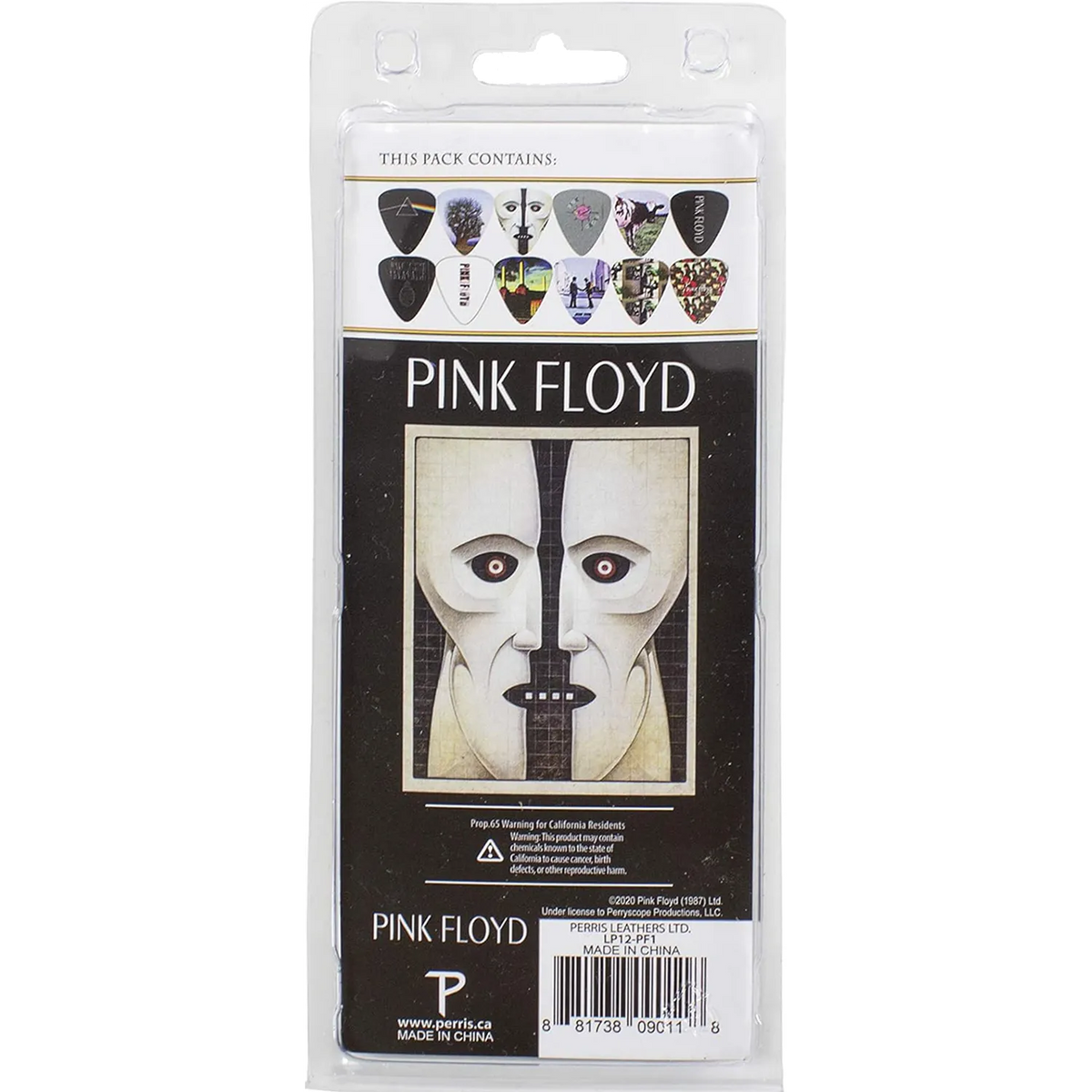 Dos du set officiel de 12 médiators Pink Floyd présenté sur carte blister Perri's | Back of Official Pink Floyd 12-guitar pick set presented on a blister card Perri's