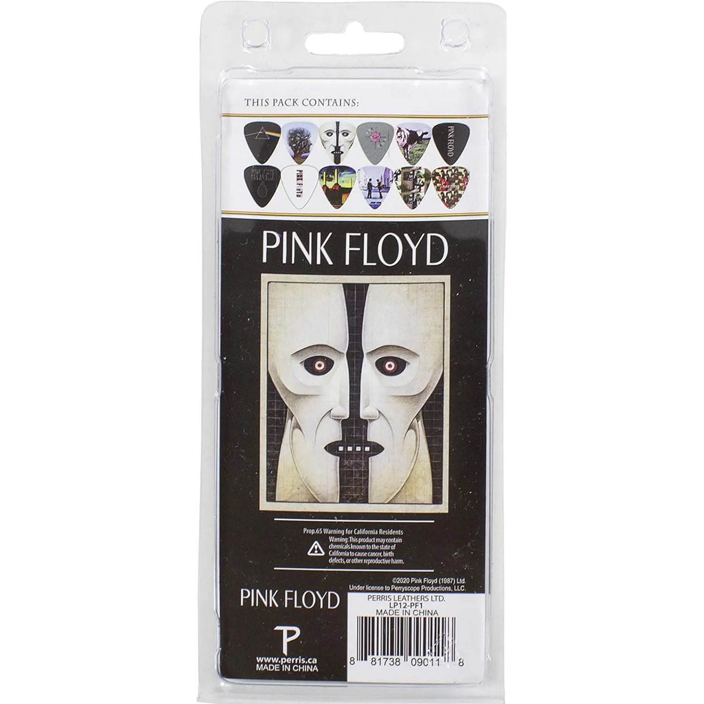 Dos du set officiel de 12 médiators Pink Floyd présenté sur carte blister Perri's | Back of Official Pink Floyd 12-guitar pick set presented on a blister card Perri's
