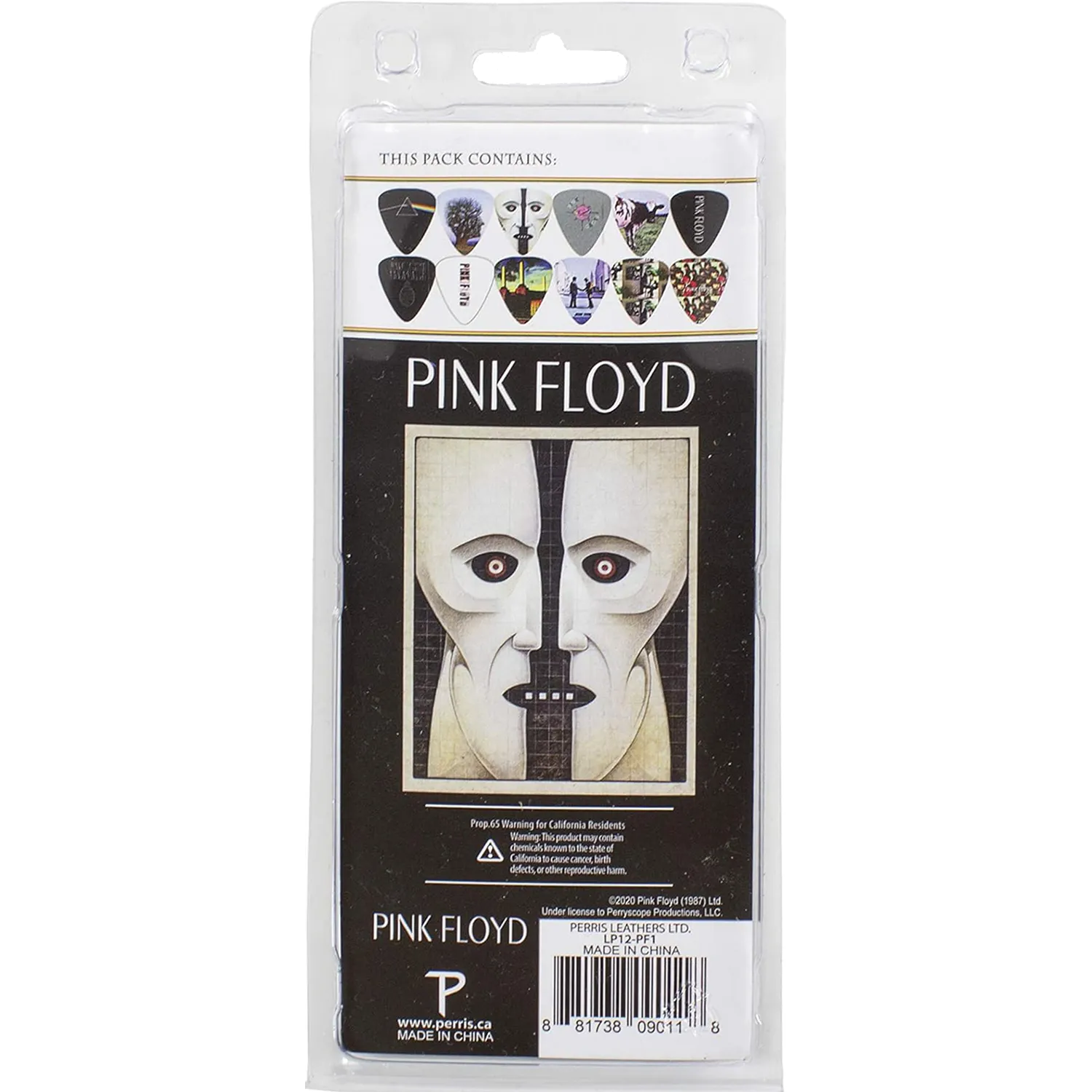 Dos du set officiel de 12 médiators Pink Floyd présenté sur carte blister Perri's | Back of Official Pink Floyd 12-guitar pick set presented on a blister card Perri's
