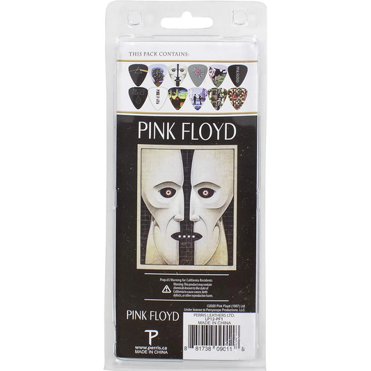 Dos du set officiel de 12 médiators Pink Floyd présenté sur carte blister Perri's | Back of Official Pink Floyd 12-guitar pick set presented on a blister card Perri's