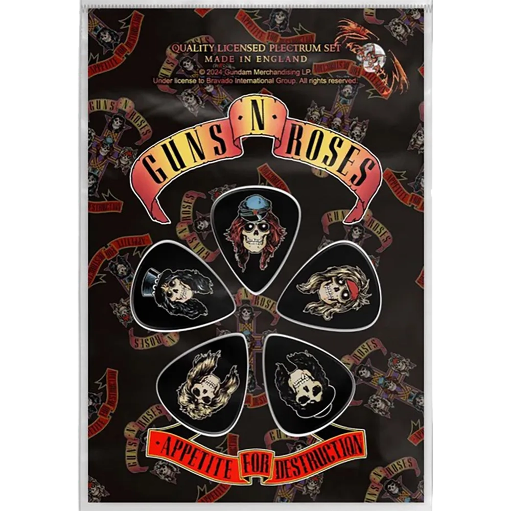 Set officiel de médiators Guns n Roses présenté sur carte blister aux couleurs de Appetite for Destruction