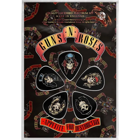 Set officiel de médiators Guns n Roses présenté sur carte blister aux couleurs de Appetite for Destruction