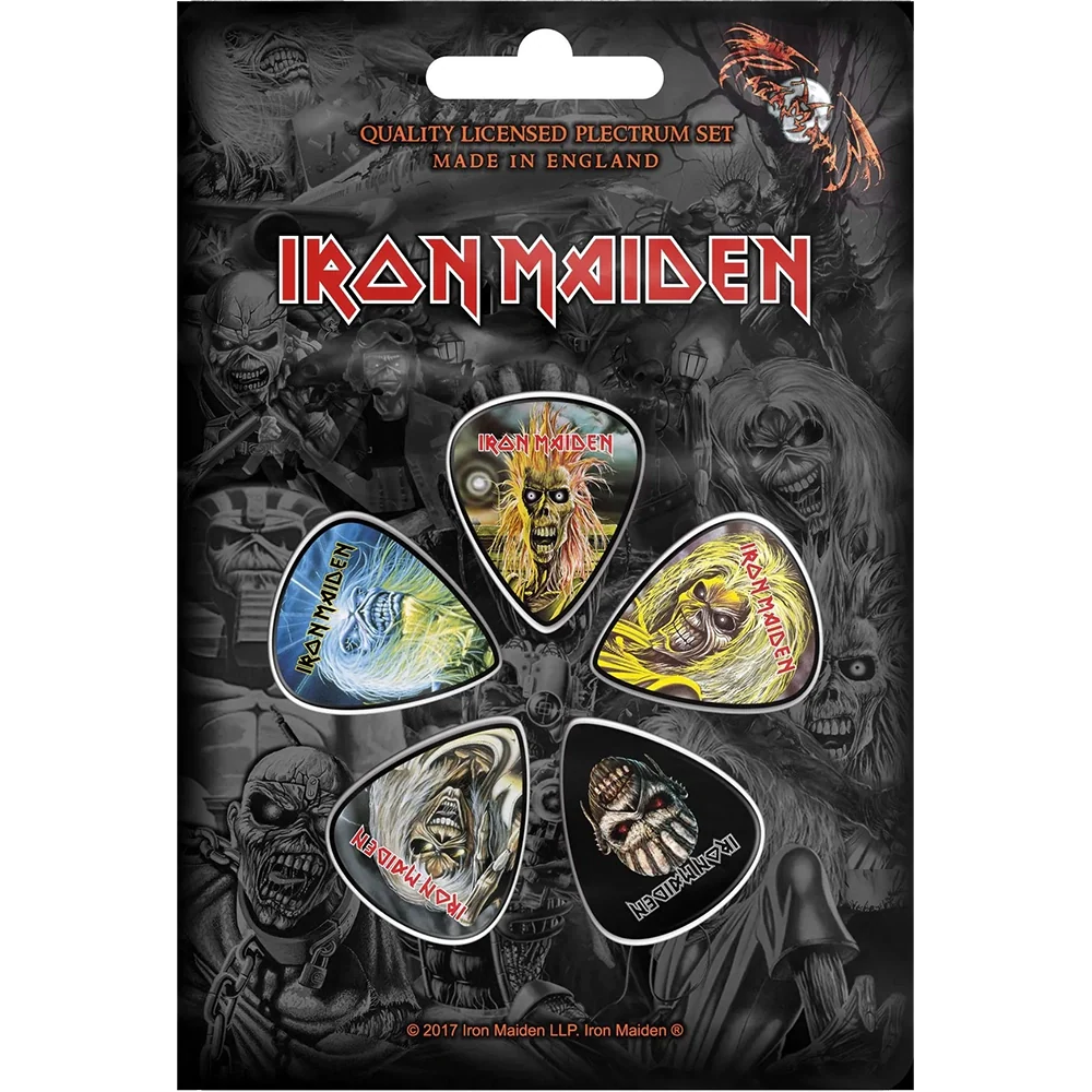 Set officiel de médiators Iron Maiden Book of Souls présenté sur carte blister 