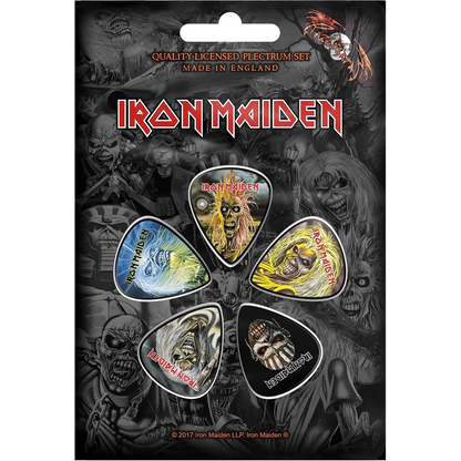 Set officiel de médiators Iron Maiden Book of Souls présenté sur carte blister 