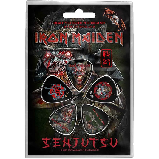 Set officiel de médiators Iron Maiden Senjutsu présenté sur carte blister