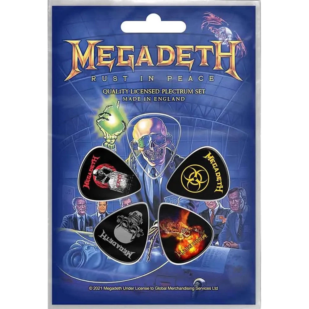 Set officiel de médiators Megadeth présenté sur carte blister 